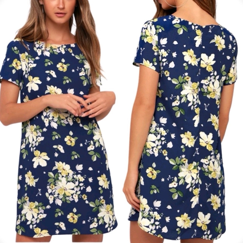Lulus Floriana‎ Navy Blue Floral Print Shift Lined Back Zip Dress Size M #227